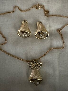 Vintage Christmas Bell Clip-on Earrings and Matching Necklace with Rhinestones.